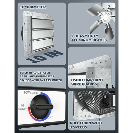 Iliving Silver 10 inch Shutter Exhaust Attic Garage Grow Fan with 3 Speed Thermostat 6 ft. 3 Plugs Cord ILG8SF10V-T